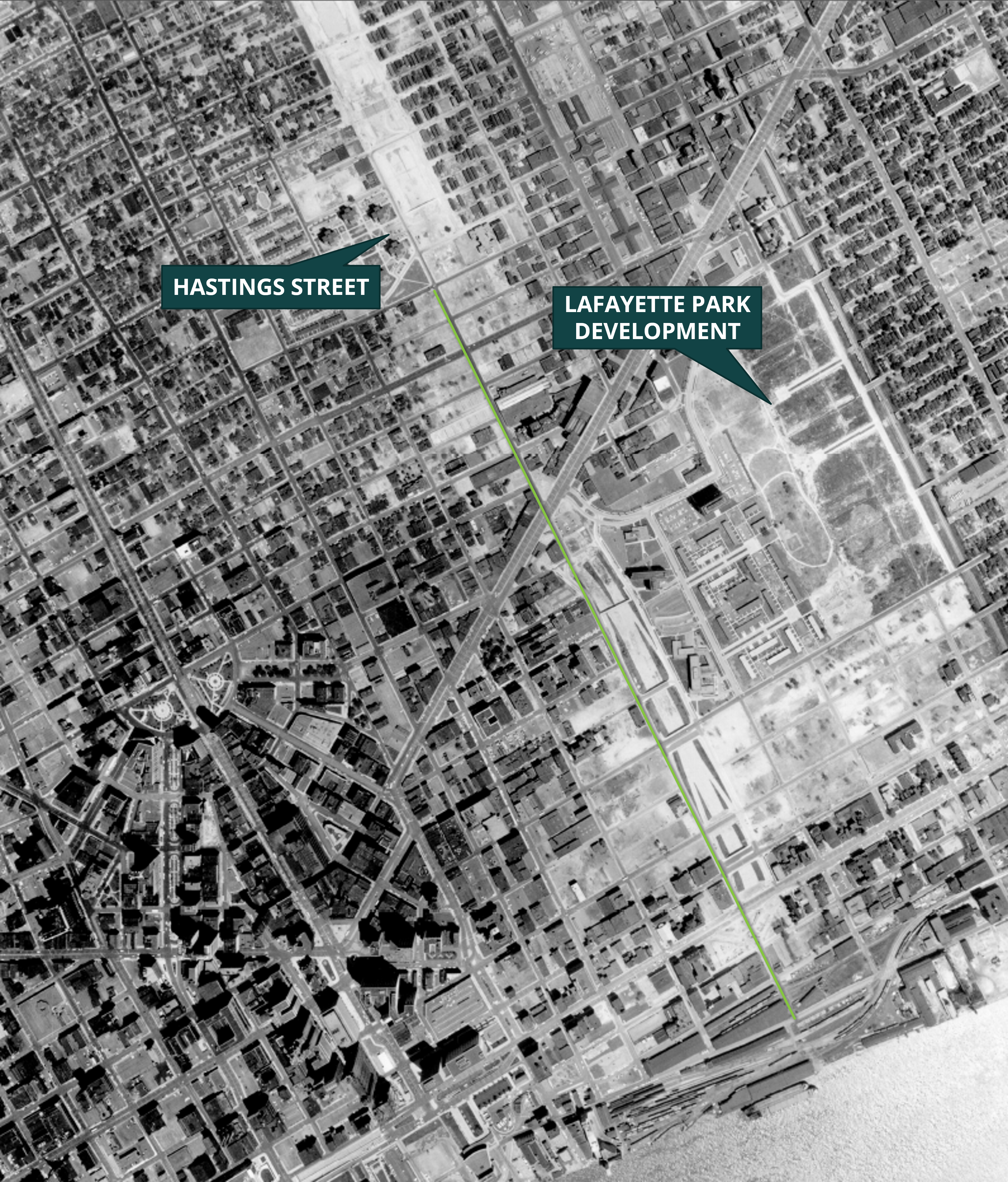 Aerial view of 375 showing Paradise Valley and Black Bottom Neighborhoods